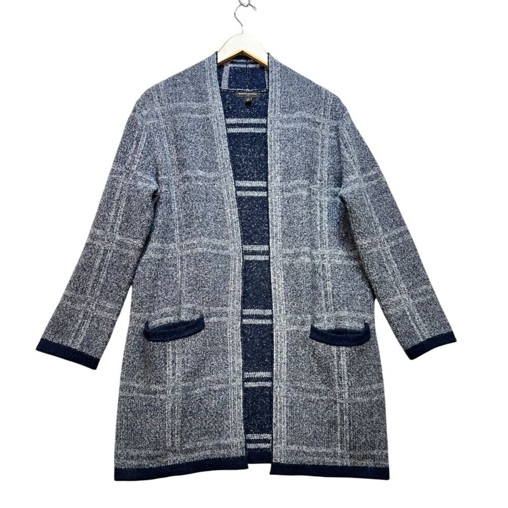 Banana Republic Womens Long Cardigan Sweater Medium Navy Knit Plaid Coatigan